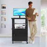Adjustable Height Laptop Cart, Steel AV Cart with Keyboard Tary and Locking Cabinet Rolling Small Office Laptop Table with Power Socket for Computer Laptop Projector Printer
