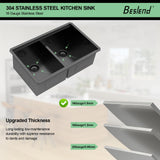 Beslend 30 Black Undermount Kitchen Sink - 30x19 Gunmetal Black Double Bowl Kitchen Sinks Workstation 16 Gauge Stainless Steel Sink Low Divide Double Basin 50/50