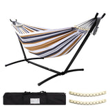 SZHLUX Double Hammock with Stand Included 450lb Capacity Steel Stand, Premium Carry Bag Included and Two Anti Roll Balance Beam, Portable Hammock with Stand for Backyard, Camping,Garden Brown Stripes