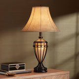 Franklin Iron Works Cardiff Traditional Rustic Urn-Shaped Table Lamps 33" Tall Set of 2 with Nightlight Brushed Iron Cage Champagne Glass Beige Fabric Bell Shade for Living Room Bedroom House