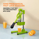 Gowintech Commercial Heavy Duty Cast Iron Hand Press Manual Orange Citrus Lemon Lime Grapefruit Pomegranate Fruit Juice Squeezer Machine with Stainless Steel Cup Green