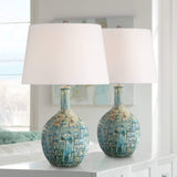 360 Lighting 26" High Gourd Mid Century Modern Coastal Table Lamps Set of 2 Teal Ceramic Fabric White Shade Living Room Bedroom Bedside Nightstand House Office Home Reading (Colors May Vary)