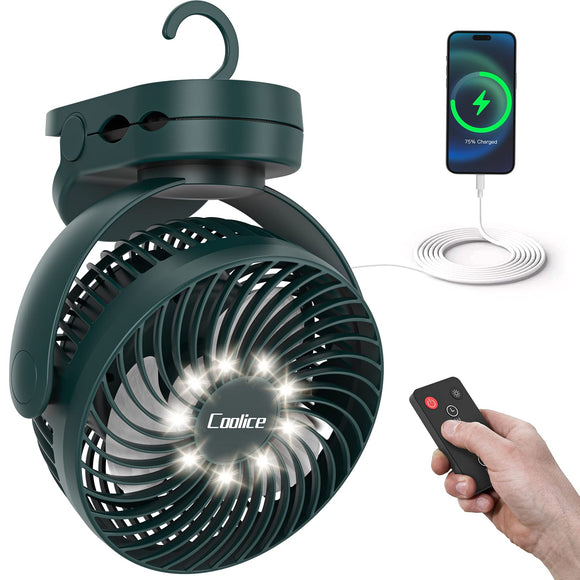Camping Fan with Remote Control - 65Hrs 12000mAh Rechargeable Fan, 3 Speeds & Timing Battery Powered Fan with Light & Hook, Tent Fan for Camping, Camp Fan for Tent, Battery Operated Fan, Green Coolice