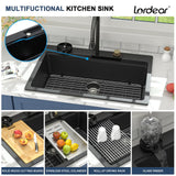 Lordear Granite Composite Kitchen Sink With Waterfall Faucet 33x22 Inch Drop In Kitchen Sinks Black Quartz Single Bowl Multifunctional Workstation Topmount Sink