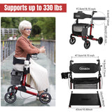 Rollator Walker for Seniors/Adults Foldable in Two Directions Rolling Walker with Seat 330 lbs Capacity 4 Big 8 inch Wheels Hand Grips Adjustable Height Lightweight Aluminum Walker 7204(Red)