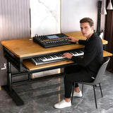 Height Adjustable Music Studio Desk with Keyboard Tray – Standing Computer Workstation with Cable Management, MIDI Shelf & Metal Legs for Recording, Production, Home Office(Light Walnut+Black,70in)
