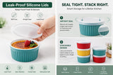 Ramekins set - Creme Brulee Making Kit - COLORED 6 Porcelain Ramekins 6 Oz With Silicone Lids - 304 Stainless Steel Lifting Rack And 9.5" X 14" Baking Pan - Oven Safe