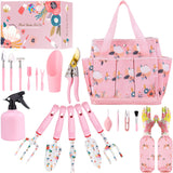 Floral Garden Tools Set, Heavy Duty Gardening Tools for Gardener, Gardening Gifts for Women, Storage Tote Bag, Pink