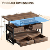 Memobarco 40" Lift Top Coffee Table,4 in 1 Multi-Function Lift Coffee Tables with Storage Drawers and Hidden Compartmen,Farmhouse Coffee Table with Lifting top for Living Room, Walnut