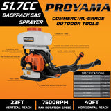 PROYAMA 51.7cc 3 in 1 Gas Powered Sprayer, 3.7 Gallon Backpack Turbo Pump Mist Duster Mosquito Fogger, Vibration-Damping Harness Leaf Blower with ‌Auto-Lock Handle for Garden Spraying