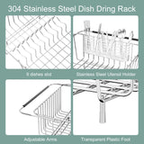JAQ Over Sink Dish Drying Rack for Medium to Large Sink, Expandable 15.08"–22.4", Adjustable 304 Stainless Steel Dish Drainer with Utensil Holder, Large Capacity Holds Up to 13 Plates