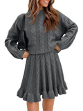 Tankaneo Womens 2 Piece Sweater Skirts Set Chunky Cable High Neck Long Sleeve Sweaters Ruffle Mini Skirt Lounge Set