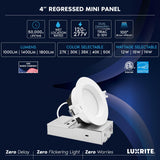 LUXRITE 4 Inch LED Recessed Light, Regressed Mini Panel Spotlight, 5CCT 2700K-5000K, 12/15/19 Watts, 1000/1400/1800 Lumens, Dual Dimmable (TRIAC & 0–10V), 100° Beam, Wet Rated, ETL (12 Pack)