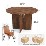 HIPIHOM Modern Round Dining Table Set for 4, 39.4" Walnut Kitchen Table with 4 PU Leather Chairs, 5-Piece Mid-Century Dining Room Set for Small Spaces, Pedestal Base