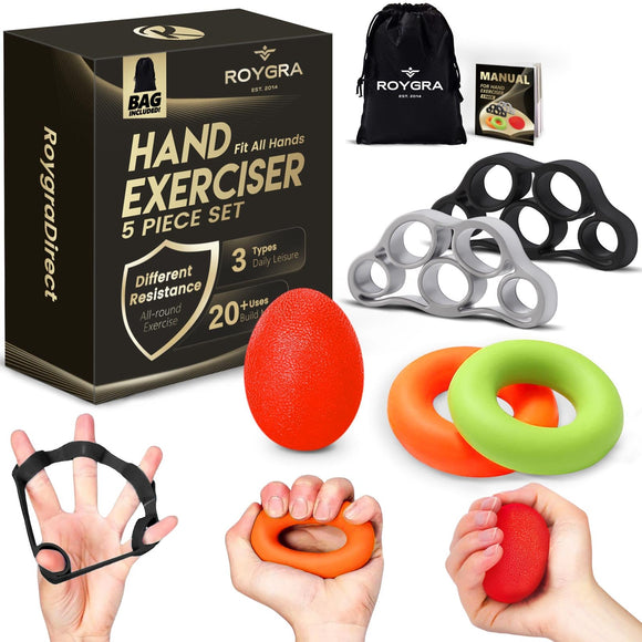 roygra Hand Grip Strengthener, Finger Exerciser, Multiple Resistance Levels Kit - 3 Types, Set of 5 roygra