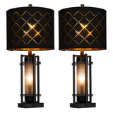 Modern Table Lamp Set of 2, Nightstand Lamps with Black Grid Shade, Bedside Lamps with USB A+C Charging Ports, Decorative Table Lamp, Square Base, Desk Lamps for Living Room, Bedroom, 2 Bulbs Included