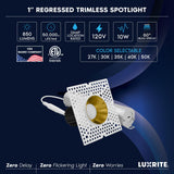 LUXRITE 1-Inch LED Trimless Recessed Spotlight with Brass Reflector Trim Replacement 10W, 850LM, 2700K-5000K, 60° Beam Angle, Dimmable, Push-n-Lock, CRI90, Damp & IC Rated, ETL White + Brass (4 Pack)