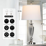 Rinweey Metal Table Lamps Set of 2, 3 Way Touch Control Silver Bedside Lamps with USB A+C Ports, Modern Brushed Nickel Nightstand Lamps for Bedroom Living Room