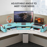 Desk Organizers and Accessories, Dual Monitor Stand Riser with Drawer and 2 Pen Holders, Desk Shelf Computer Racks & Printer Stand for Office Workspace Organizers, Desktop Organization (Blue)