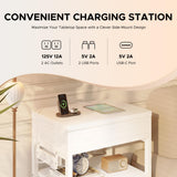 Nightstand Bedside Table Hidden Drawer - Night Stand with Charging Station and Sliding Top Storage, Bed Side Table with 2 Fabric Drawers, Modern Nightstand for Bedroom Dorm Living Room, White