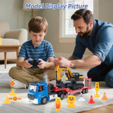 Fistone RC Semi-Trailer Truck & Friction Powered Excavator Toy Set, 1:24 Scale with Sound and Lights, 6 CH Remote Control Flatbed Truck and Inertia-Powered Excavator Toys for Kids Boys, Blue