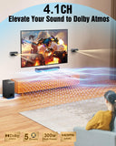 Hiwill 4.1ch Sound Bar with Dolby Atmos, 300W Sound Bar for Smart TV with Subwoofer, 2 Front Surround Speakers, Soundbar for TV Speaker, Adjustable Bass, Surround Sound System for TV, A41