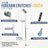 Dynarex Forearm Crutches, Push-Button Height Adjustment, Comfortable Hand Grips, Molded Arm Cuff, 300 lb. Weight Capacity, 1 Pair (Youth)