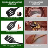 Camping Essentials Cookware Cooking Utensils Set - Portable Camp Kitchen Mess Kit Outdoor Accessories, Stainless Steel & Silicone, Camping Gear Equipment for RV Picnic Grill, Brown