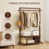 Wamhom Solid Wood Clothes Rack with Wheels | 3-in-1 Freestanding Garment Rack & Coat Tree, Extra-Long Rod, Two Shelves, 220 lb Load | Organizer for Bedroom & Entryway