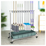 Movable Floor-Mounted Mop Rack Holder & Broom Organizer Cart with Gray Tray - Commercial Cleaning Tool, Umbrella Storage, Essential Housekeeping Supplies for Efficient Organization