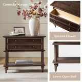HULALA HOME Farmhouse Nightstand Set of 2 with Drawer & Open Shelf, Natural Wood End Table with Solid Wood Legs, 28.4'' Wide Sofa Side Table with Charging Station(Walnut)