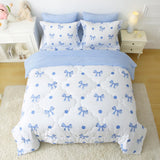 Wajade 7 Piece Blue Bow Comforter Set for Girls Kids Queen Size Bedding Set with Sheet and 2 Pillowcases 2 Pillow Shams Cute Girls Bed in a Bag as Birthday Choice