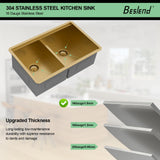 Beslend 30 Inch Gold Undermount Kitchen Sink, 30x19 50/50 Double Bowl Workstation Sink, 16 Gauge T304 Heavy Duty Stainless Steel Low Divide Golden Kitchen Sink with Gold Accessories