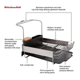 KitchenAid Compact to Full Size Expandable, Rust Resistant Satin Coated Dish Rack with Angled Self Draining Drain Board and Removable Flatware Caddy, 24-Inch, Charcoal