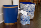 Jaye's Studio Decorative Waste Basket for Bathroom Trash Can Wastebasket, Oval Metal Trash Bin for Bedroom, Office, Blue Garbage Can for Dorm, Blue Trash Can Gold Office Decor, 12" x 10" x 8"