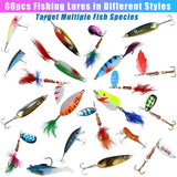 66pcs Fishing Lures Spinner Baits, Trout Bass Salmon Walleye Lures Kit with Treble Hooks Rooster Feather Tail, Assorted Spinnerbait Spoons Minnow Swim Bait for Freshwater Saltwater Fishing