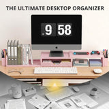 OPNICE Desk Organizers and Accessories, Dual Monitor Stand Riser with Drawer and 2 Pen Holders, Desk Shelf Computer Racks & Printer Stand for Office Workspace Organizers, Desktop Organization (Light Pink)