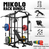 Mikolo K6 Power Cage, Power Rack with Cable Crossover System, Home Gym Packages with Weight Bench, Olympic Barbell, 370b Weight Set-Black