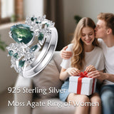 Oseew Natural Moss Agate Ring for Women 2CT Pear Cut 2 Pieces Engagement Ring Set 10K/14K/18K Solid Gold/Sterling Silver Wedding Vintage Leaf Bridal Promise Ring with Gift Box