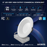LUXRITE 8" Inch Commercial LED Recessed Light with J-Box, 5 CCT Options 2700K-5000K, 3 Wattages 50/65/80W, 0-10V TRIAC Dimmable, CRI90, 5000/6500/8000 Lumens, 120-277V, Wet Rated, IC Rated (4 Pack)