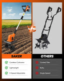 Saker 22V Cordless Electric Garden Tiller Cultivator, Rototiller for Gardening with 3 Adjustable Speed, 9-Inch Tilling Width, 6.3-Inch Depth for Soil Preparation, Weeding, and Gardening SK-TC18A