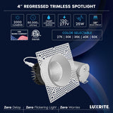 LUXRITE 4-Inch Trimless LED Recessed Spotlight, 25W, 2000LM, 5CCT Selectable 2700K-5000K, 38° Beam Angle, Dimmable, Push-n-Lock Spotlight, CRI90, Damp & IC Rated, Plaster Downlight, ETL White (4 Pack)