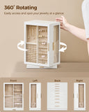 Glimmloop 360° Rotating Jewelry Box with 9 Drawers, Spacious Vertical Jewelry Organizer with Glass Window, Jewelry Storage Case, Dustproof & Moisture-resistant Design, White