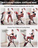pooboo Folding Exercise Bike - 4-in-1 Magnetic X-Bike, Foldable Upright Indoor Cycling Stationary Bike with 8-Level Resistance, Pulse Sensor, Arm Resistance Bands, Back Support Cushion & Bottle Holder - Home Gym Workout Equipment