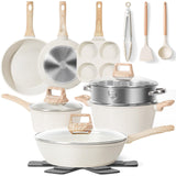 17 Pcs Pots and Pans Set Non stick，Cookware Sets White Granite Induction Cookware, Non-toxic Healthy Non Stick Kitchen Cooking Set, White