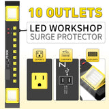 Heavy Duty Metal 10 Outlets Long Power Strip with LED Worklight, Black