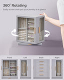 Glimmloop 360° Rotating Jewelry Box with 5 Drawers, Spacious Vertical Jewelry Organizer with Glass Window, Jewelry Storage Case, Dustproof & Moisture-resistant Design, Grey