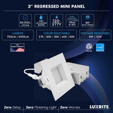 LUXRITE 3 Inch LED Recessed Light, Regressed Mini Panel Spotlight, 5CCT 2700K-5000K, 9/12 Watts, 750/1000 Lumens, Dual Dimmable (TRIAC & 0–10V), 90° Beam, Wet Rated, ETL, Square (12 Pack)