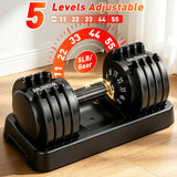 25/55lb Adjustable Dumbbell Set of 2, 5-in-1/10-in-1 Free Weights with Anti-Slip Texture Handle for Exercise, Fitness Equipment Set for Home Gym Strength Training, Suits Both Men and Women (Black 55LBS Pair)