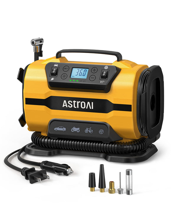 AstroAI Tire Inflator Portable Air Compressor Pump 150PSI 12V DC/110V AC with Dual Metal Motors &LED Light AstroAI